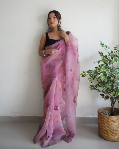 LAVENDER ELEGANT FLOWER-PRINTED SAREE WITH GOTA WORK AND CUTWORK BORDER