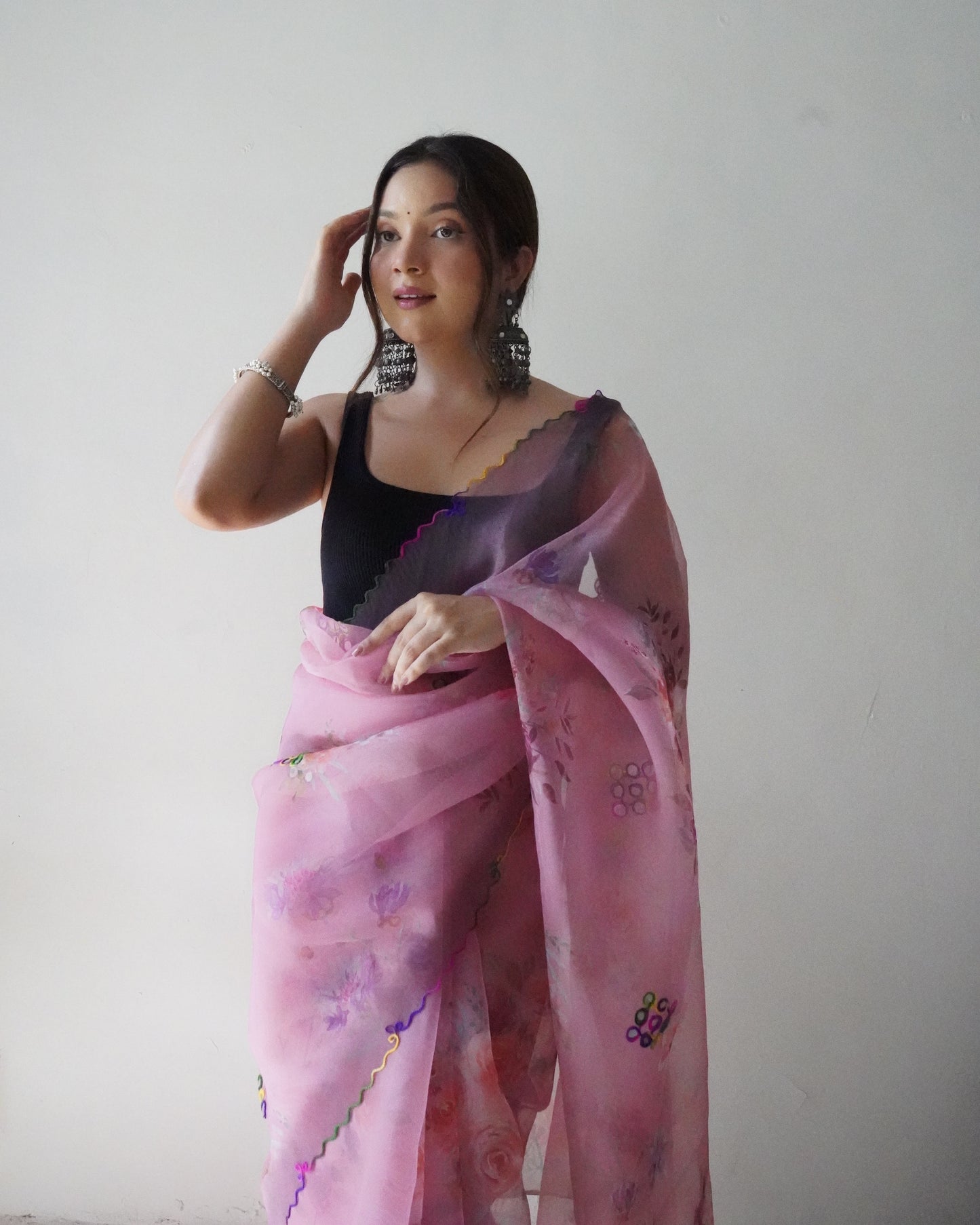 LAVENDER ELEGANT FLOWER-PRINTED SAREE WITH GOTA WORK AND CUTWORK BORDER