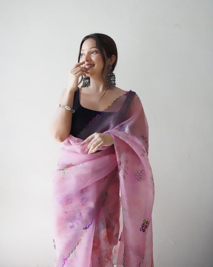 LAVENDER ELEGANT FLOWER-PRINTED SAREE WITH GOTA WORK AND CUTWORK BORDER