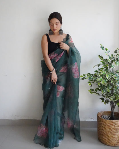 DARK GREEN PURE ORGANZA SILK SAREE WITH ELEGANT FLORAL PRINT & SEQUINS WORK BORDER