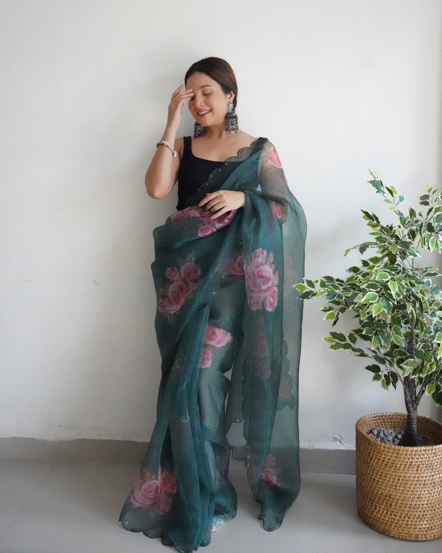 DARK GREEN PURE ORGANZA SILK SAREE WITH ELEGANT FLORAL PRINT & SEQUINS WORK BORDER