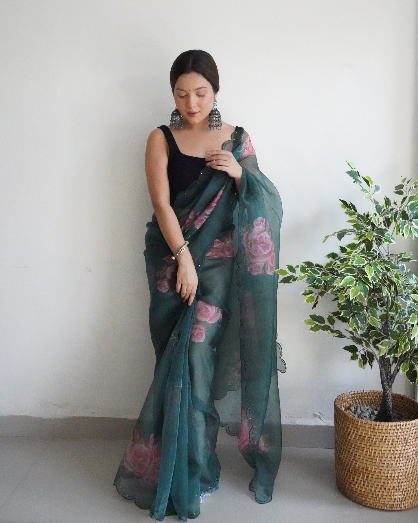 DARK GREEN PURE ORGANZA SILK SAREE WITH ELEGANT FLORAL PRINT & SEQUINS WORK BORDER