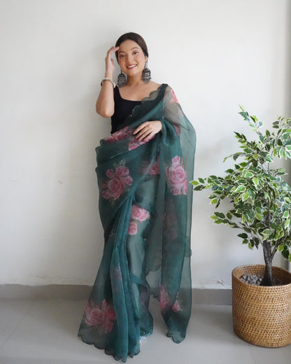 DARK GREEN PURE ORGANZA SILK SAREE WITH ELEGANT FLORAL PRINT & SEQUINS WORK BORDER