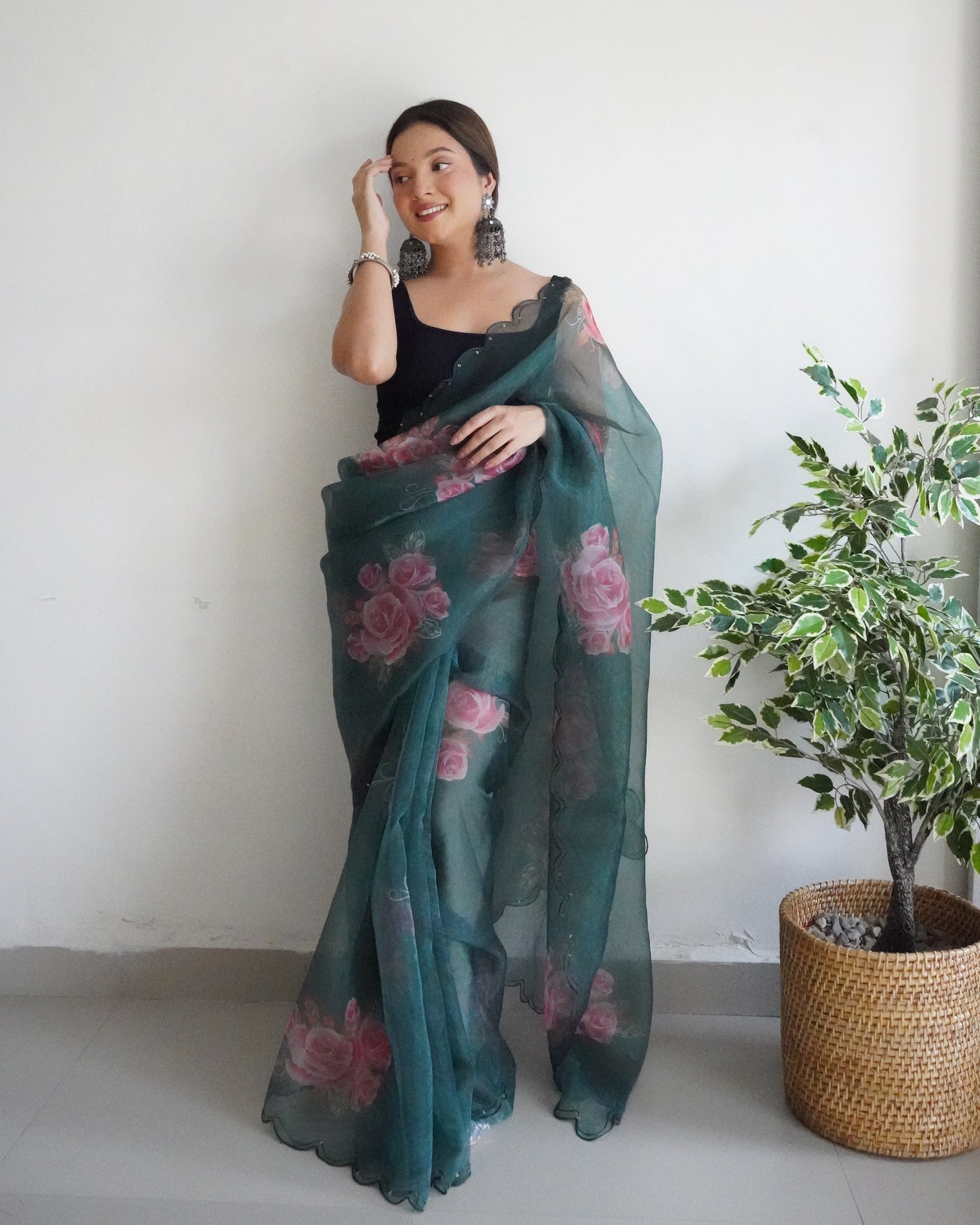 DARK GREEN PURE ORGANZA SILK SAREE WITH ELEGANT FLORAL PRINT & SEQUINS WORK BORDER