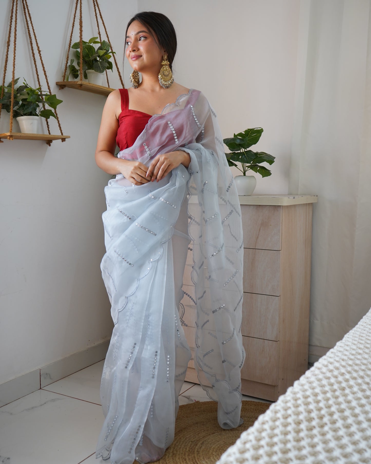 Sky Sequence Mirror Organza Saree with Embroidery & Arco Cutwork Border