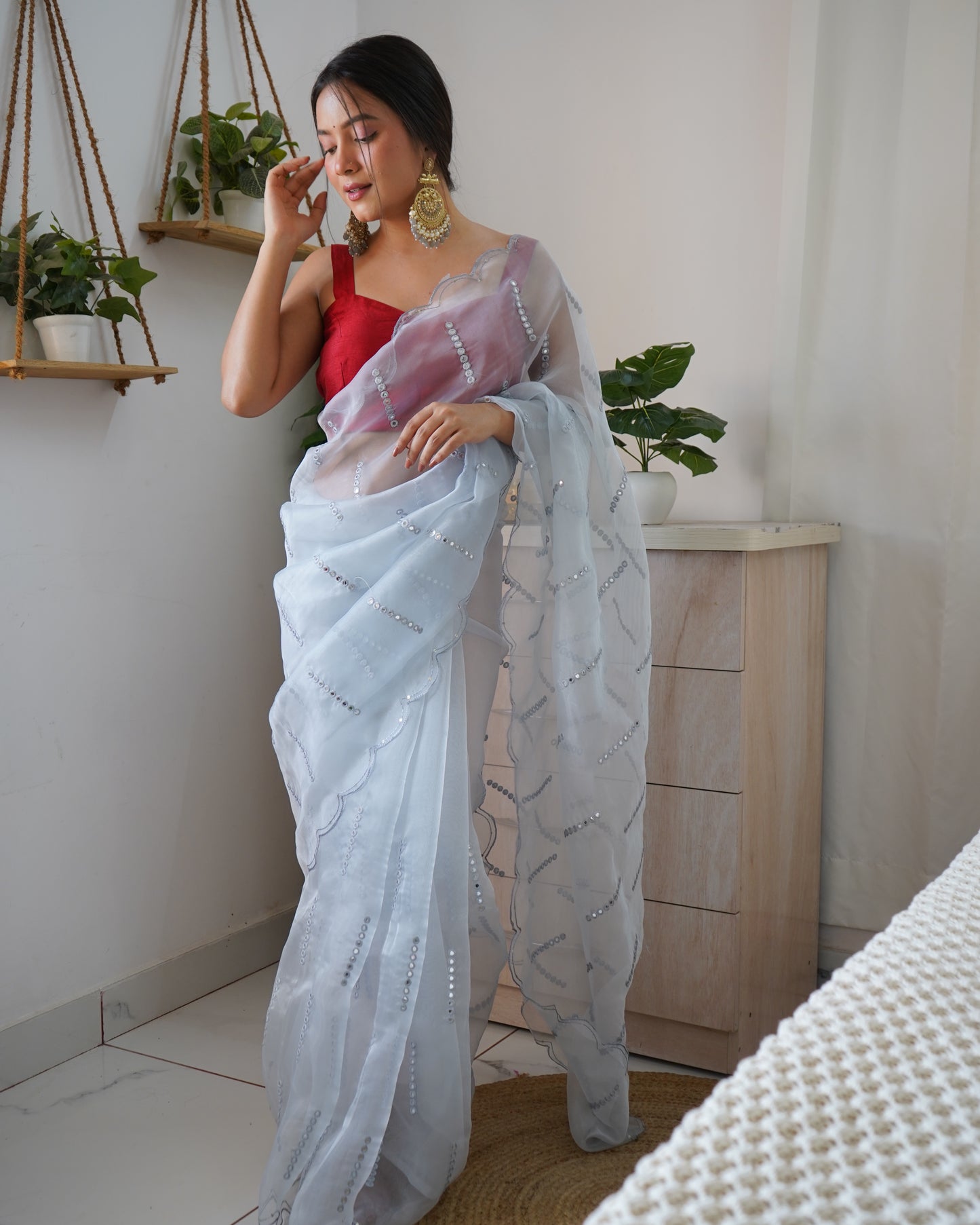 Sky Sequence Mirror Organza Saree with Embroidery & Arco Cutwork Border