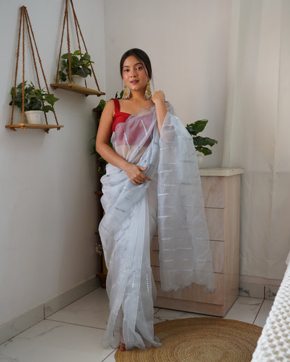 Sky Sequence Mirror Organza Saree with Embroidery & Arco Cutwork Border