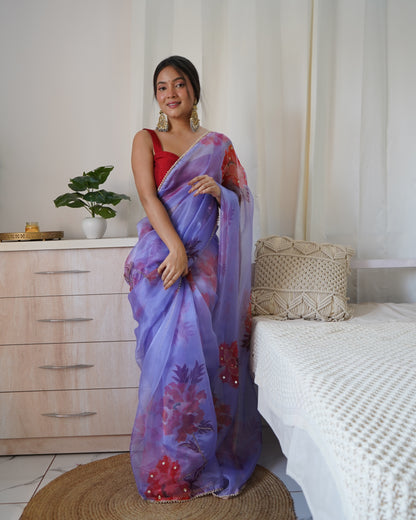 PURPLE ELEGANT SAREE WITH HANDCRAFTED KHATALI WORK & CONTRASTING PIPING BORDER