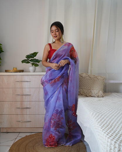 PURPLE ELEGANT SAREE WITH HANDCRAFTED KHATALI WORK & CONTRASTING PIPING BORDER