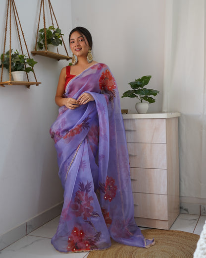 PURPLE ELEGANT SAREE WITH HANDCRAFTED KHATALI WORK & CONTRASTING PIPING BORDER