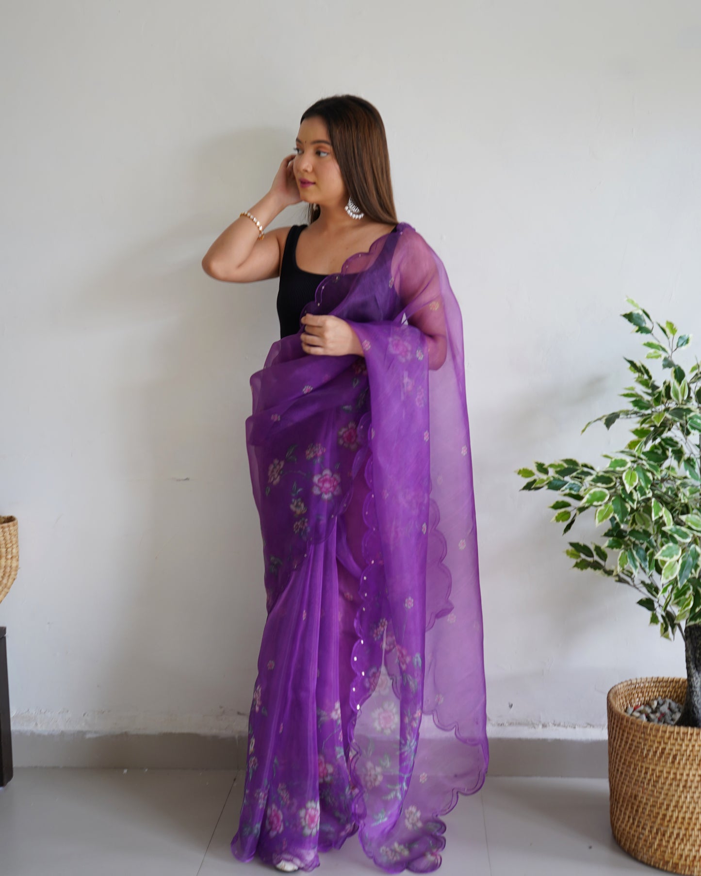 PURPLE PURE ORGANZA SILK SAREE WITH ELEGANT FLORAL PRINT & SEQUINS WORK BORDER