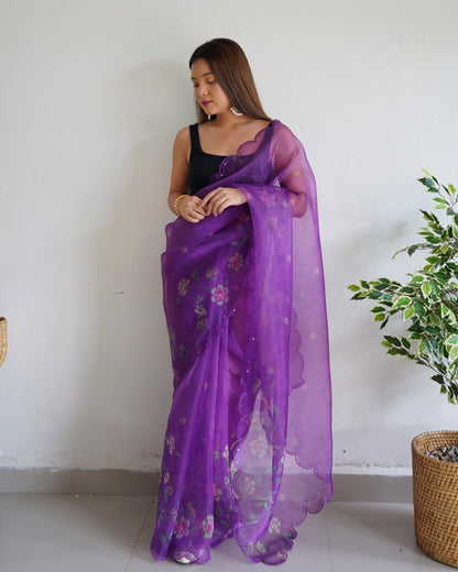 PURPLE PURE ORGANZA SILK SAREE WITH ELEGANT FLORAL PRINT & SEQUINS WORK BORDER