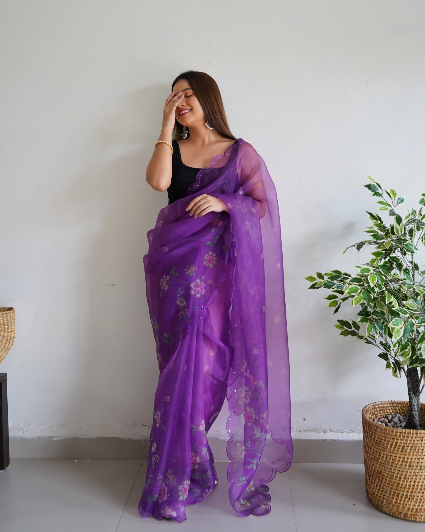 PURPLE PURE ORGANZA SILK SAREE WITH ELEGANT FLORAL PRINT & SEQUINS WORK BORDER