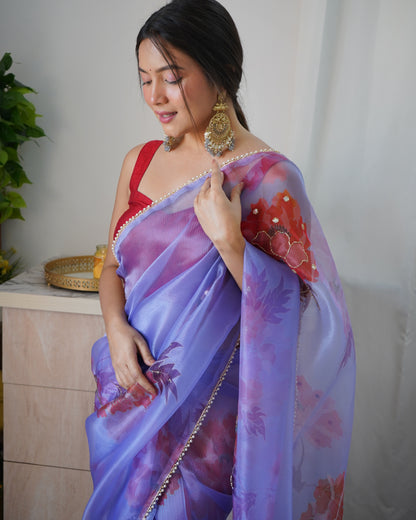 PURPLE ELEGANT SAREE WITH HANDCRAFTED KHATALI WORK & CONTRASTING PIPING BORDER