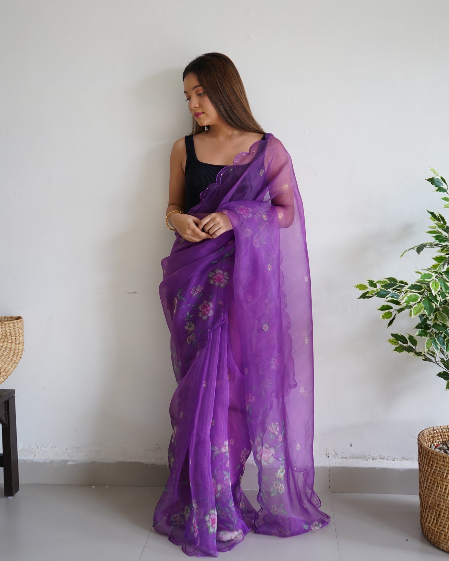 PURPLE PURE ORGANZA SILK SAREE WITH ELEGANT FLORAL PRINT & SEQUINS WORK BORDER