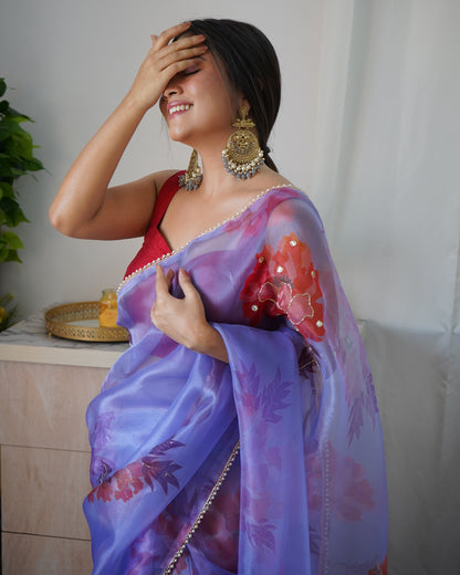 PURPLE ELEGANT SAREE WITH HANDCRAFTED KHATALI WORK & CONTRASTING PIPING BORDER