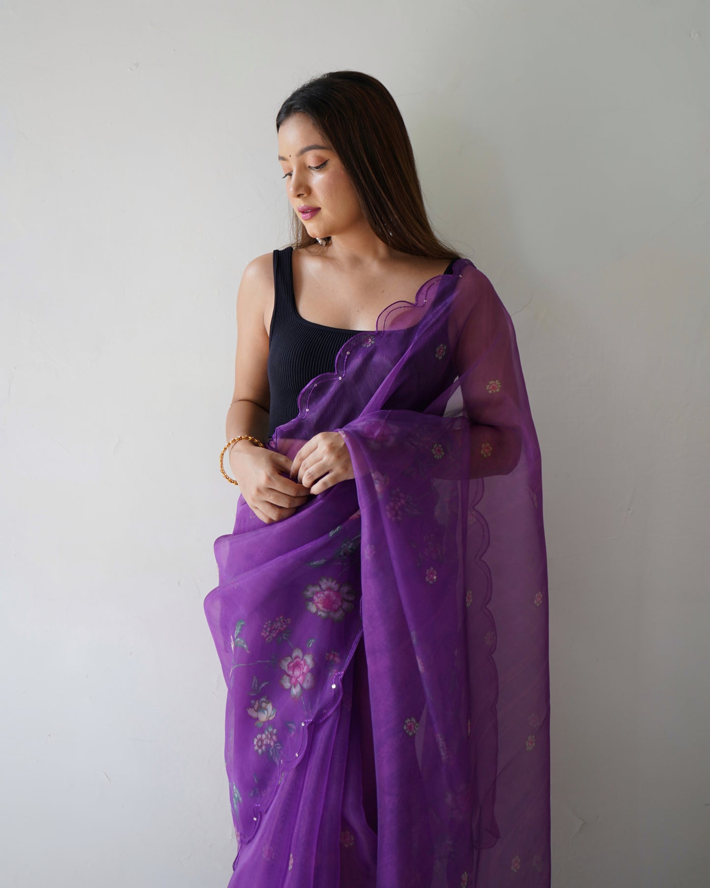 PURPLE PURE ORGANZA SILK SAREE WITH ELEGANT FLORAL PRINT & SEQUINS WORK BORDER