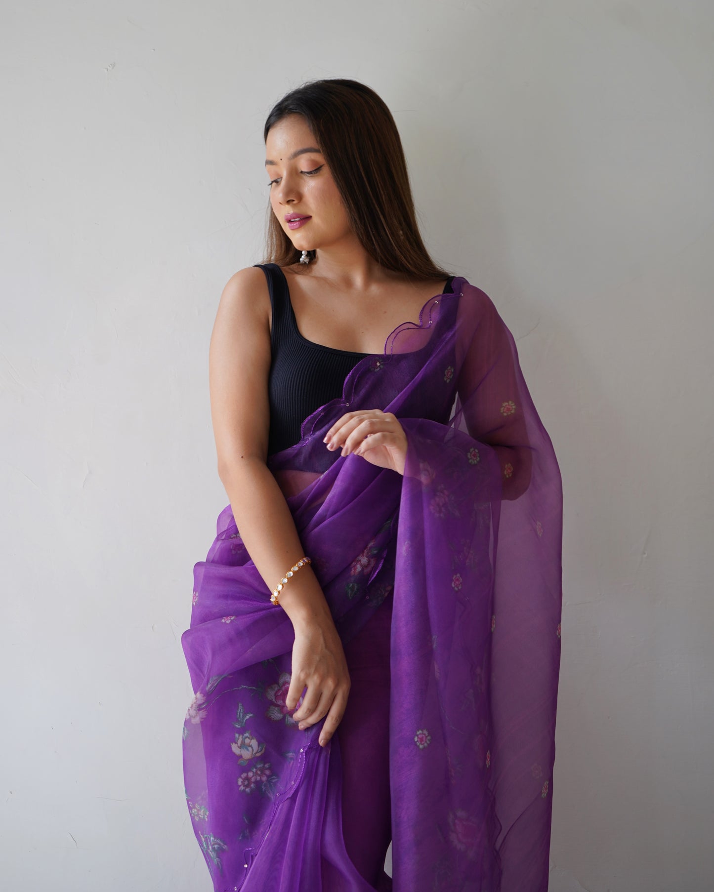 PURPLE PURE ORGANZA SILK SAREE WITH ELEGANT FLORAL PRINT & SEQUINS WORK BORDER