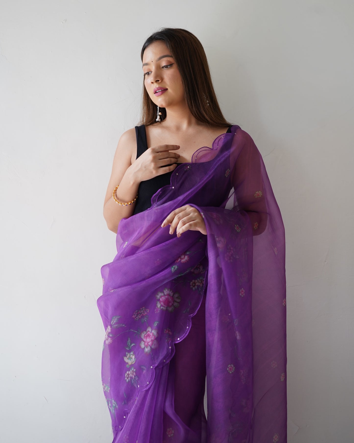 PURPLE PURE ORGANZA SILK SAREE WITH ELEGANT FLORAL PRINT & SEQUINS WORK BORDER