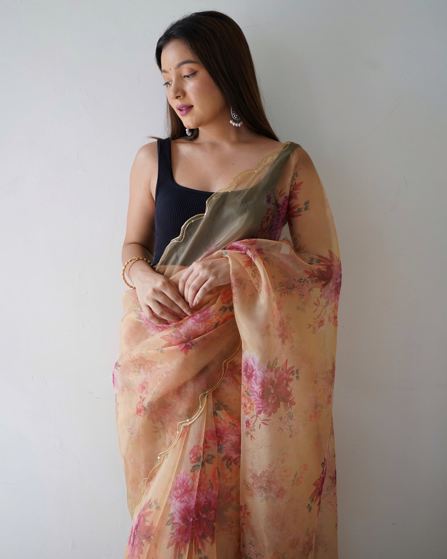 PEACH PURE ORGANZA SILK SAREE WITH ELEGANT FLORAL PRINT & SEQUINS WORK BORDER