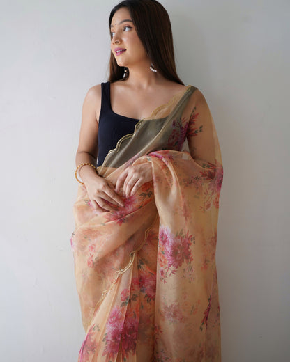 PEACH PURE ORGANZA SILK SAREE WITH ELEGANT FLORAL PRINT & SEQUINS WORK BORDER