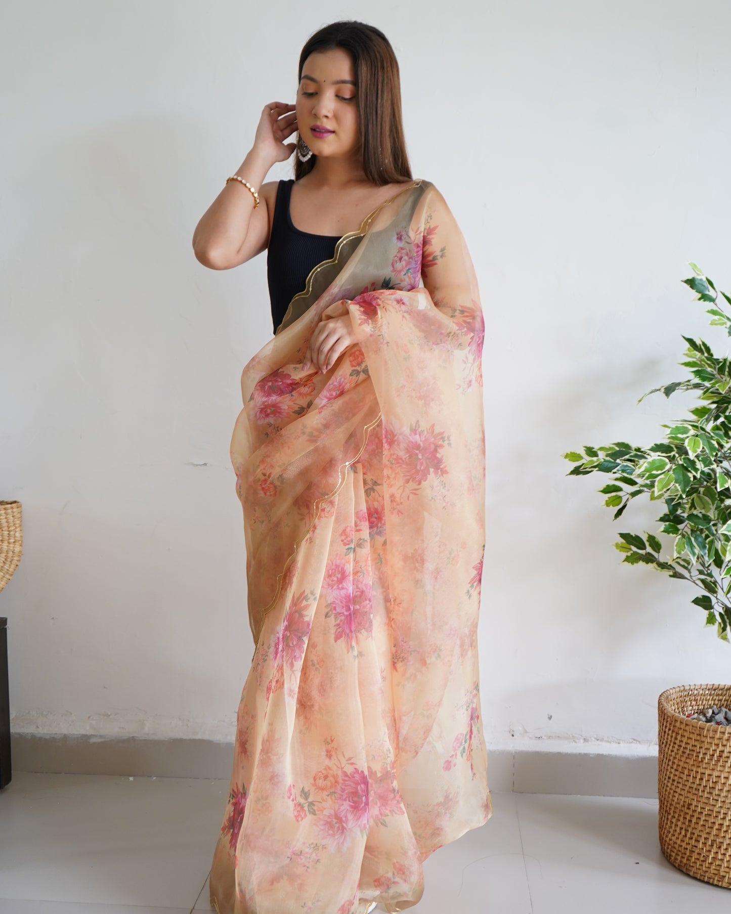 PEACH PURE ORGANZA SILK SAREE WITH ELEGANT FLORAL PRINT & SEQUINS WORK BORDER