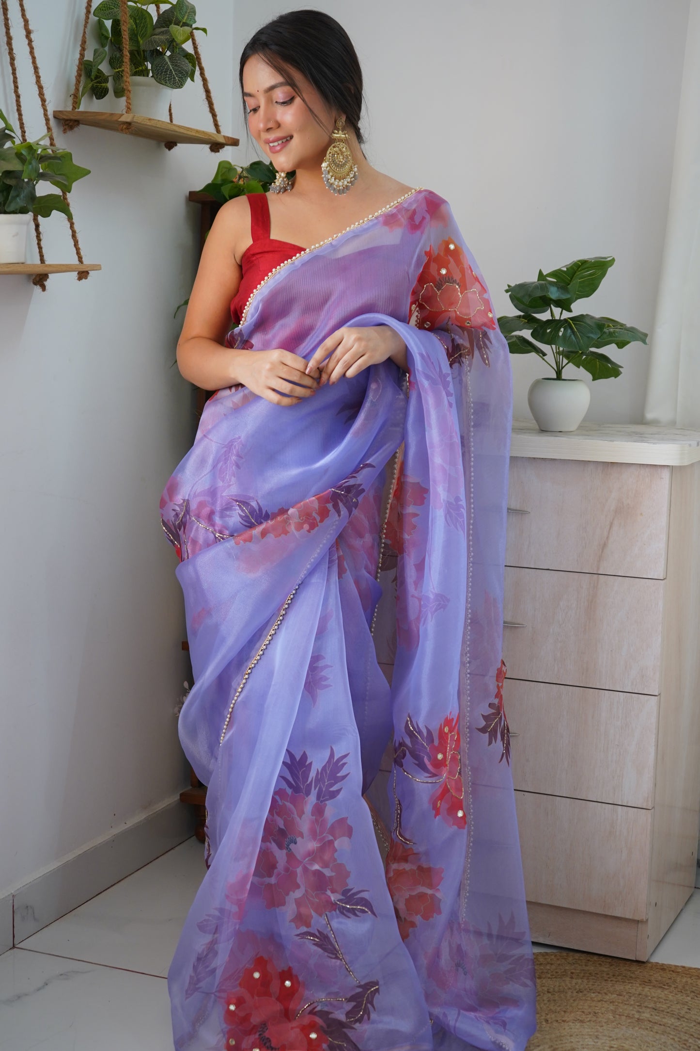 PURPLE ELEGANT SAREE WITH HANDCRAFTED KHATALI WORK & CONTRASTING PIPING BORDER