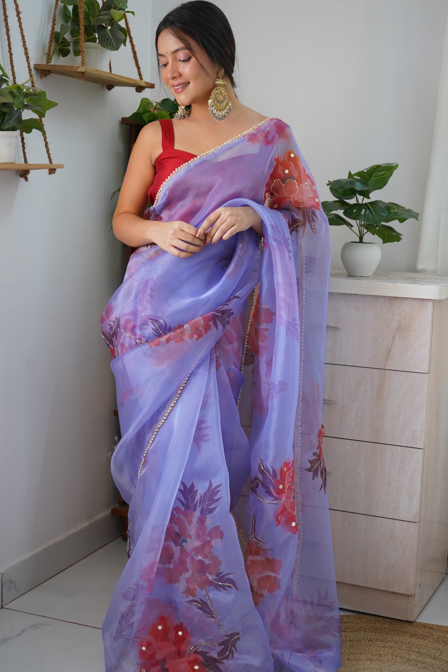 PURPLE ELEGANT SAREE WITH HANDCRAFTED KHATALI WORK & CONTRASTING PIPING BORDER