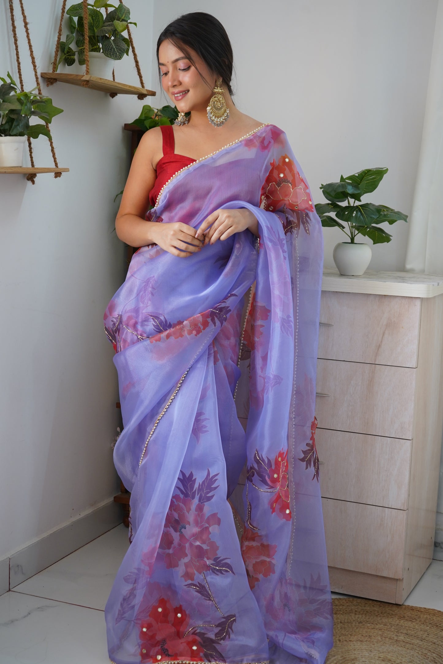 PURPLE ELEGANT SAREE WITH HANDCRAFTED KHATALI WORK & CONTRASTING PIPING BORDER