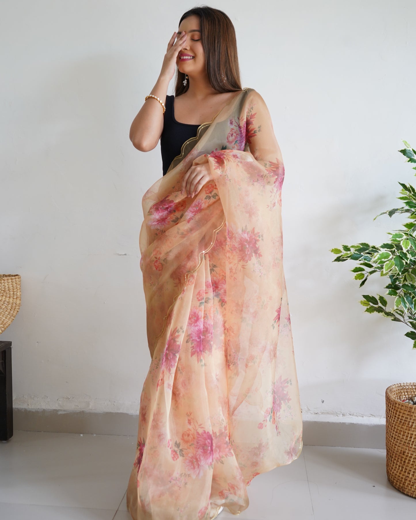 PEACH PURE ORGANZA SILK SAREE WITH ELEGANT FLORAL PRINT & SEQUINS WORK BORDER