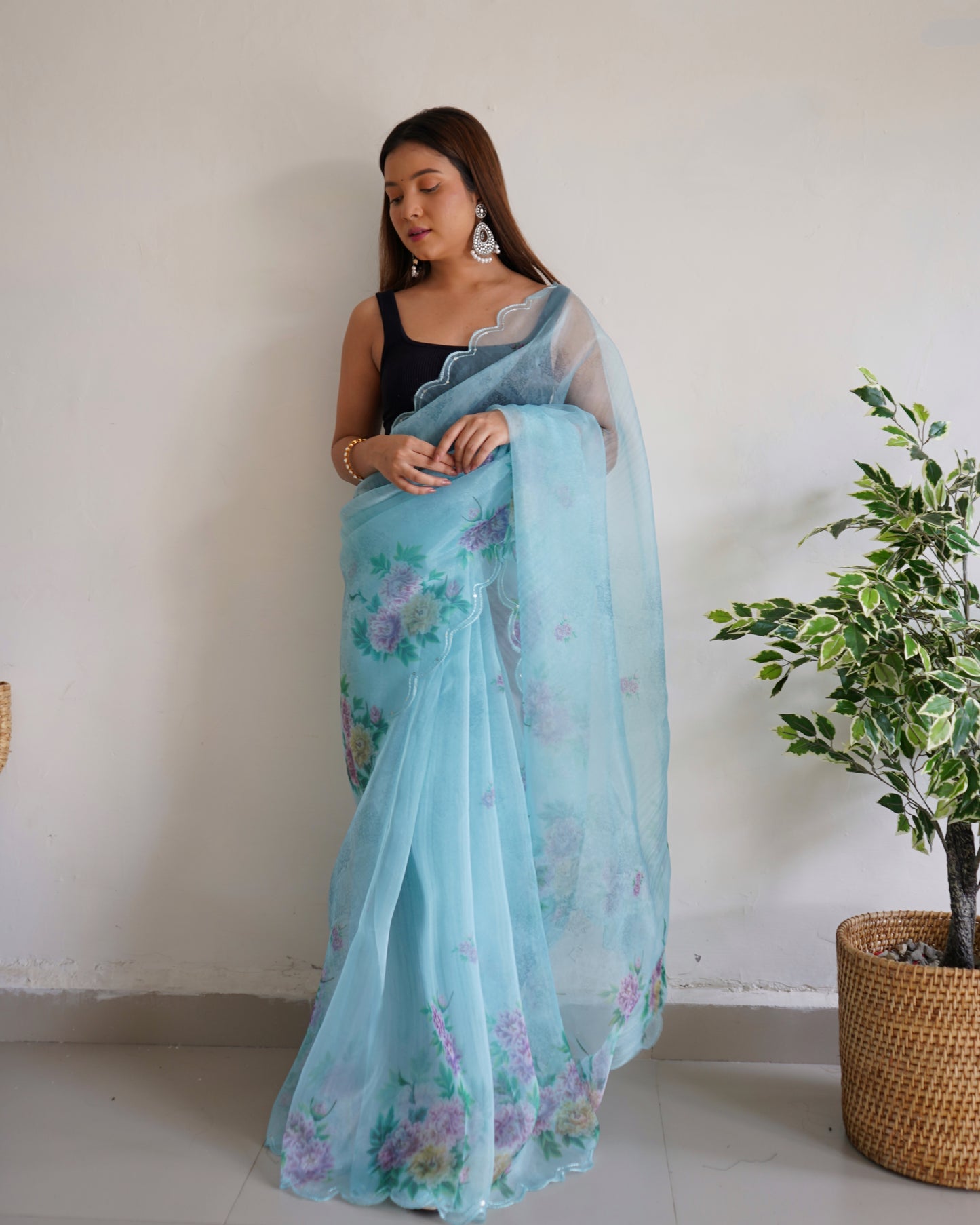 SKY PURE ORGANZA SILK SAREE WITH ELEGANT FLORAL PRINT & SEQUINS WORK BORDER