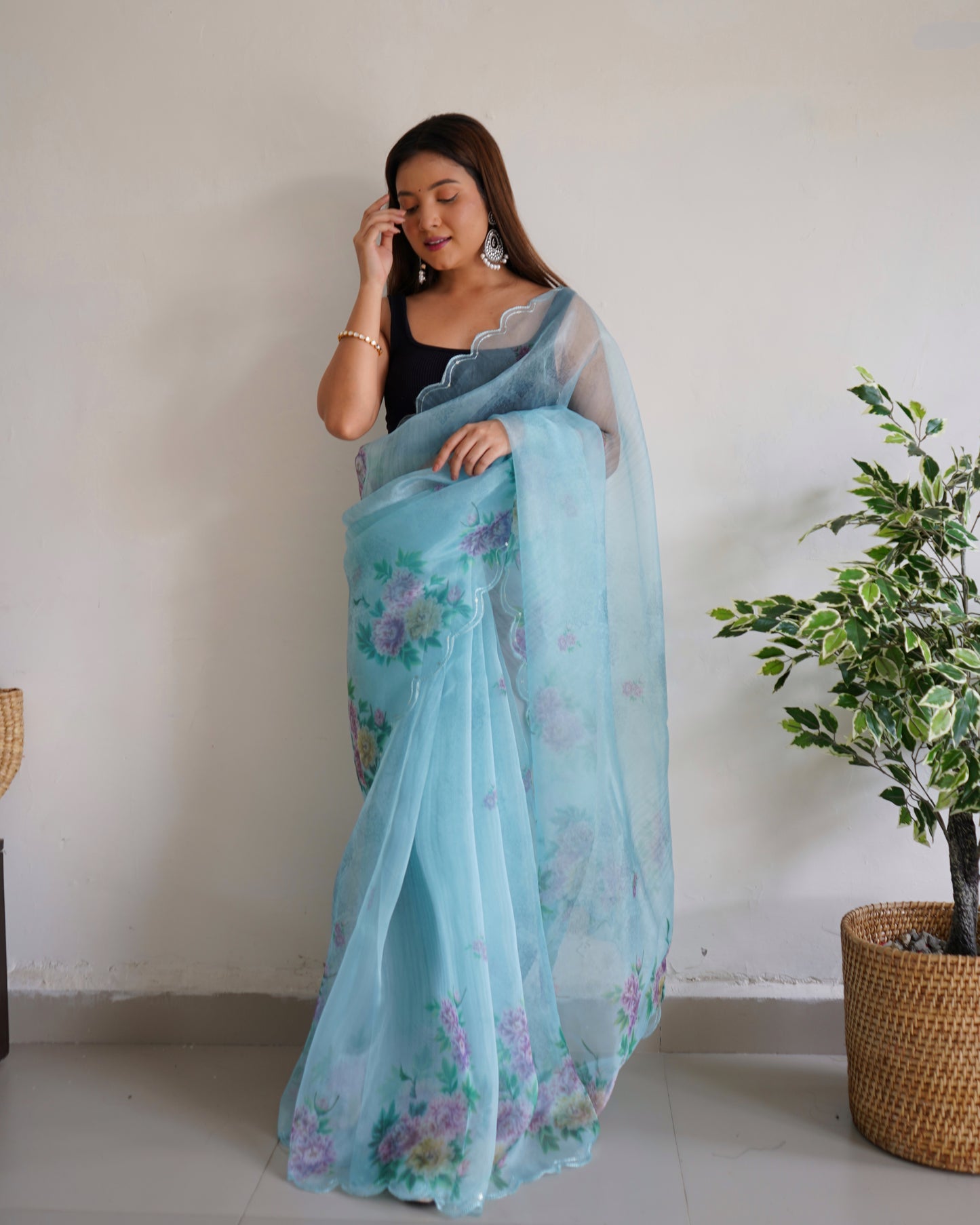 SKY PURE ORGANZA SILK SAREE WITH ELEGANT FLORAL PRINT & SEQUINS WORK BORDER