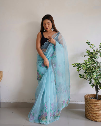 SKY PURE ORGANZA SILK SAREE WITH ELEGANT FLORAL PRINT & SEQUINS WORK BORDER