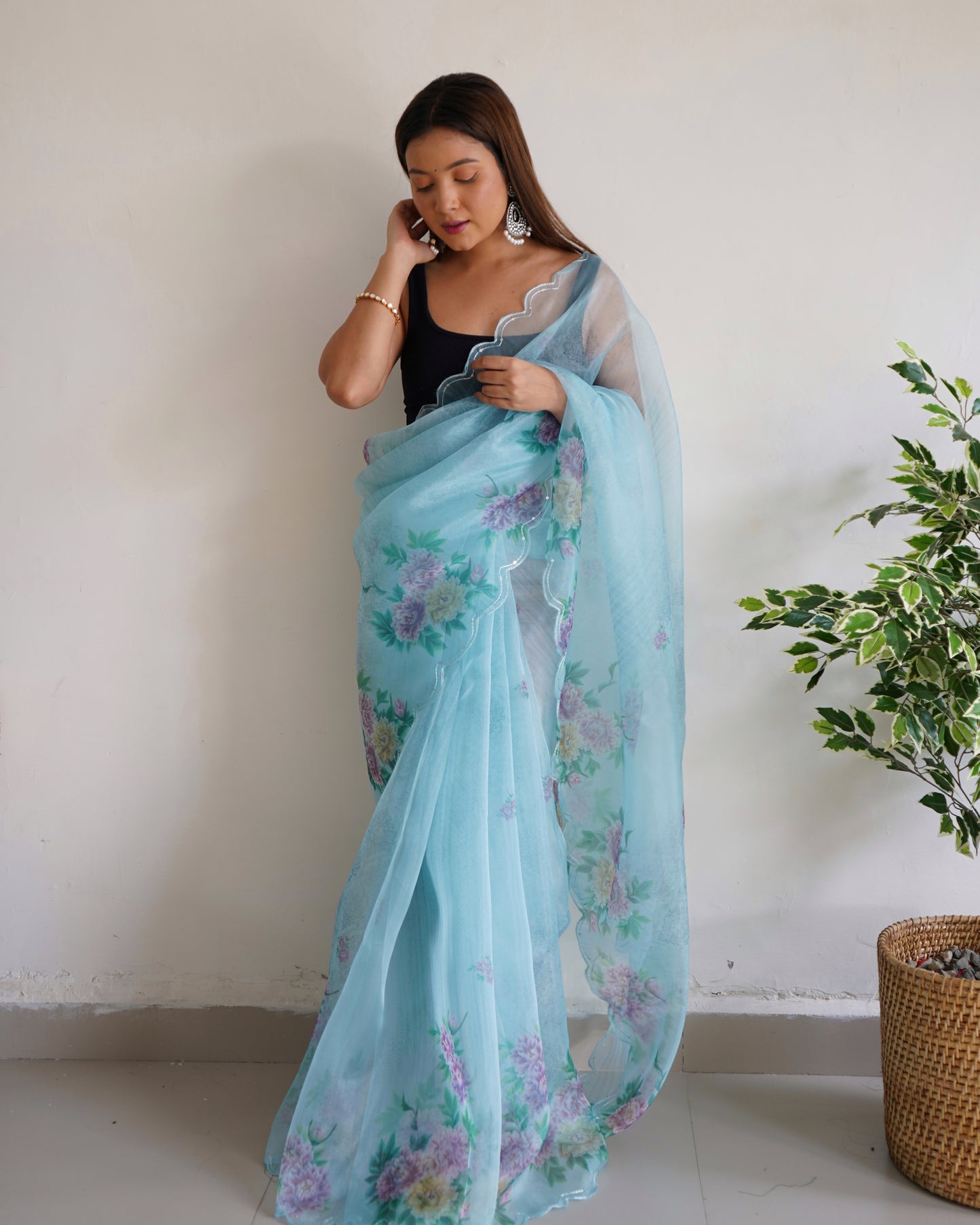 SKY PURE ORGANZA SILK SAREE WITH ELEGANT FLORAL PRINT & SEQUINS WORK BORDER