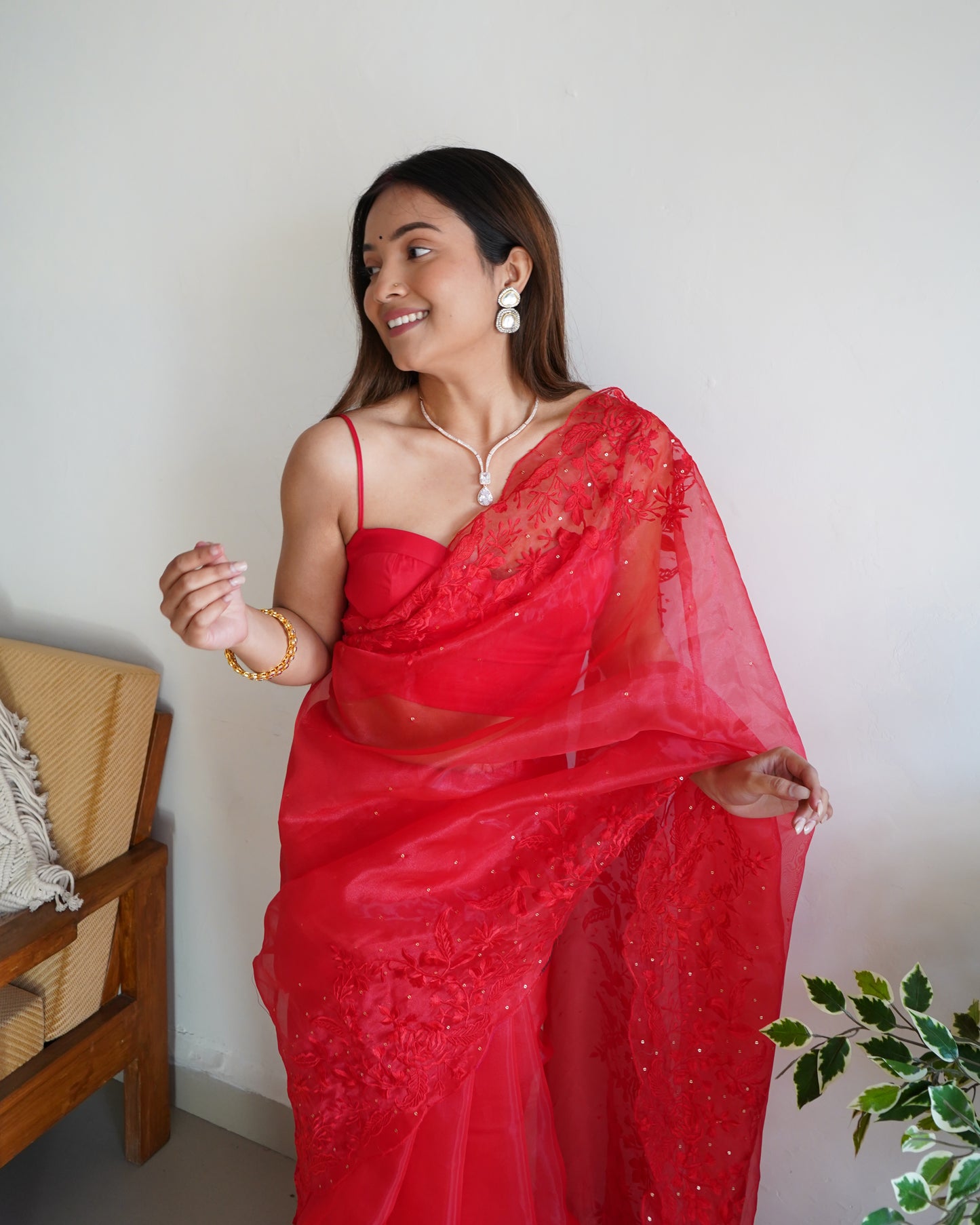 RED SOFT PURE ORGANZA SAREE WITH VISCOSE THREAD EMBROIDERY & SEQUINS WORK