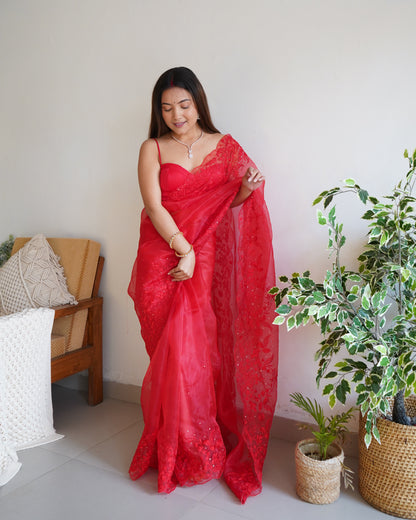 RED SOFT PURE ORGANZA SAREE WITH VISCOSE THREAD EMBROIDERY & SEQUINS WORK