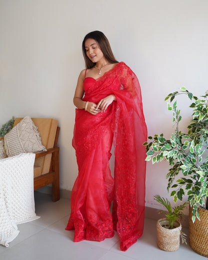 RED SOFT PURE ORGANZA SAREE WITH VISCOSE THREAD EMBROIDERY & SEQUINS WORK