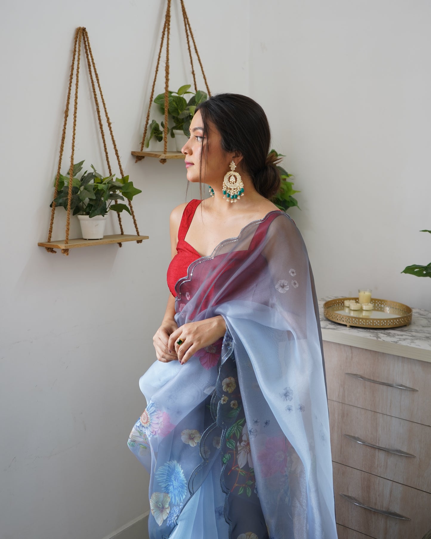 GREY PURE ORGANZA SILK SAREE WITH ELEGANT FLORAL PRINT & SEQUINS WORK BORDER