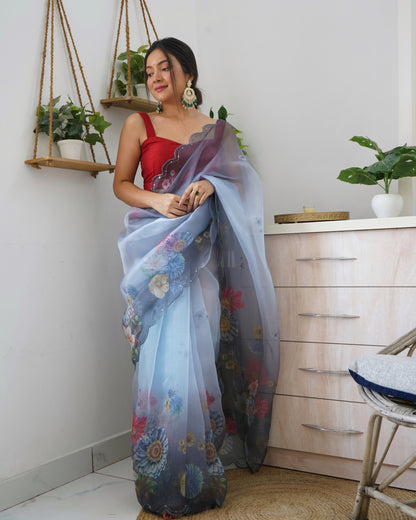 GREY PURE ORGANZA SILK SAREE WITH ELEGANT FLORAL PRINT & SEQUINS WORK BORDER