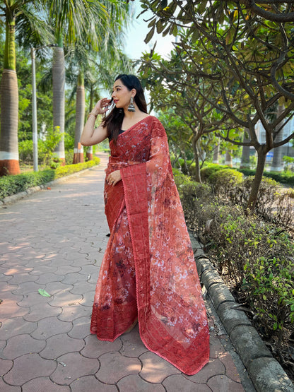 Blissful Light Pastel Peach Organza Silk Saree