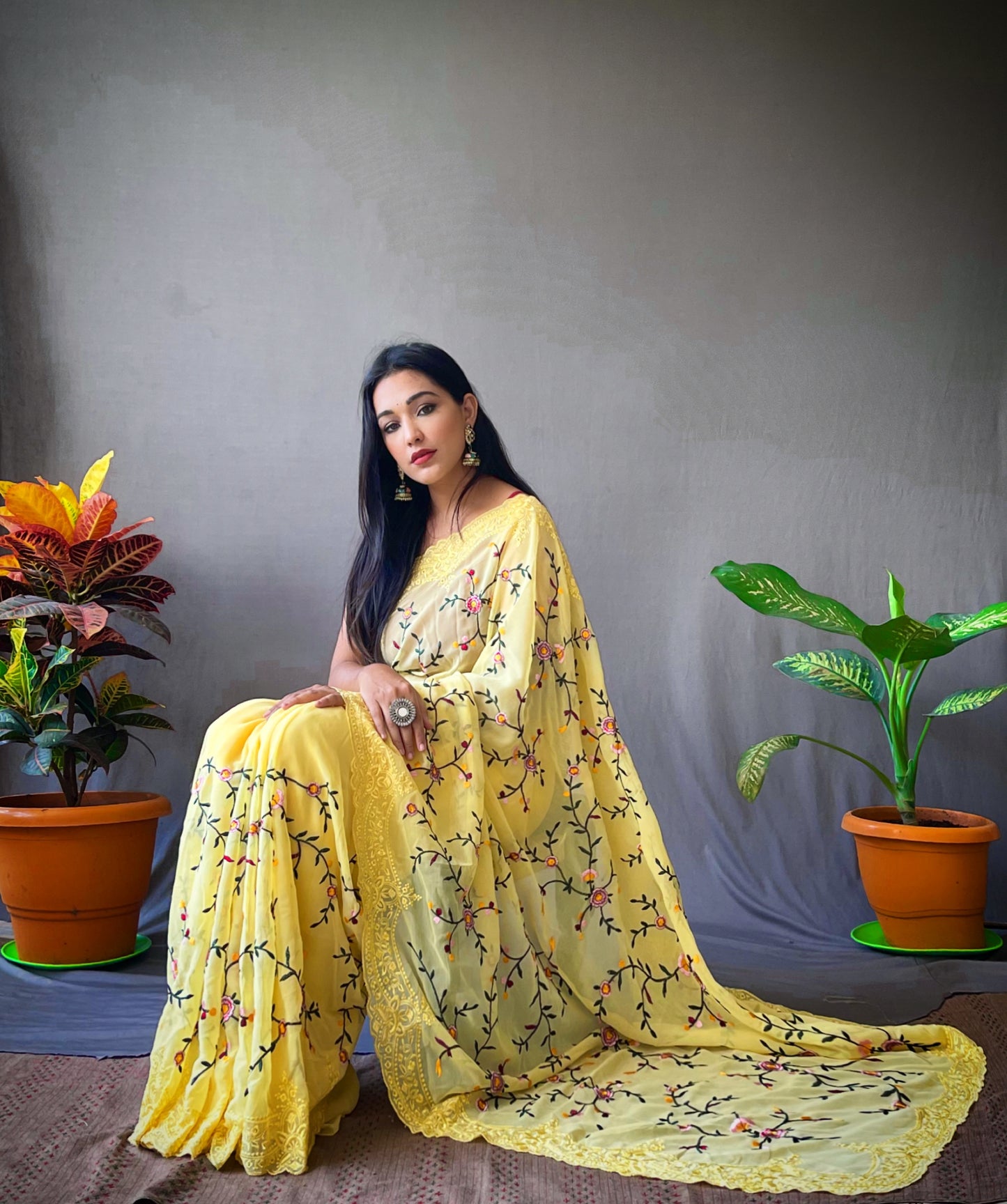 YELLOW PURE GEORGETTE SILK SAREE WITH FLORAL JAAL & INTRICATE CUTWORK