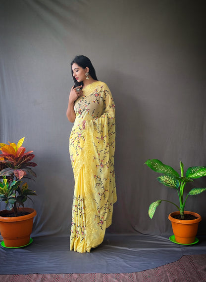 YELLOW PURE GEORGETTE SILK SAREE WITH FLORAL JAAL & INTRICATE CUTWORK