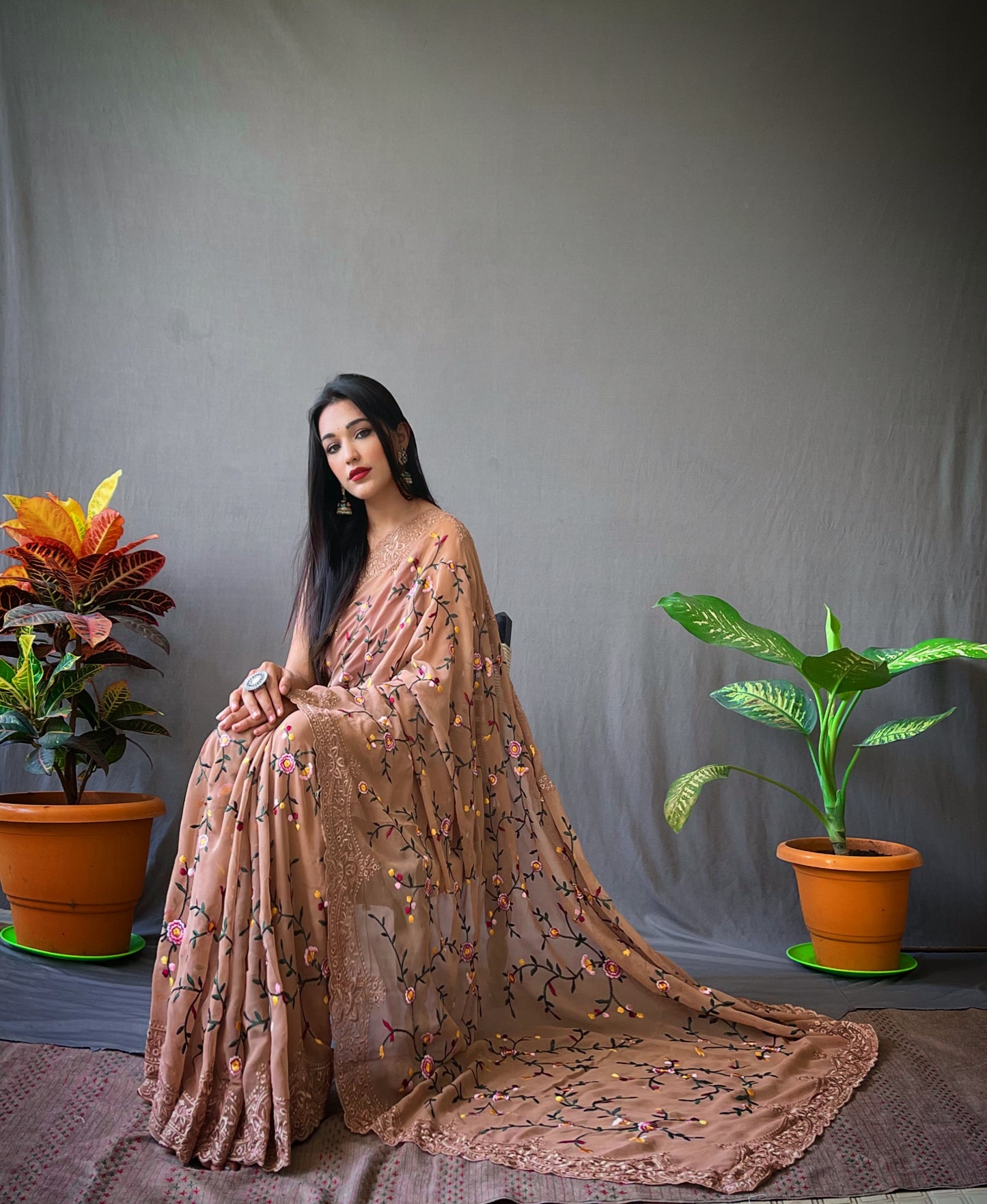 BROWN PURE GEORGETTE SILK SAREE WITH FLORAL JAAL & INTRICATE CUTWORK