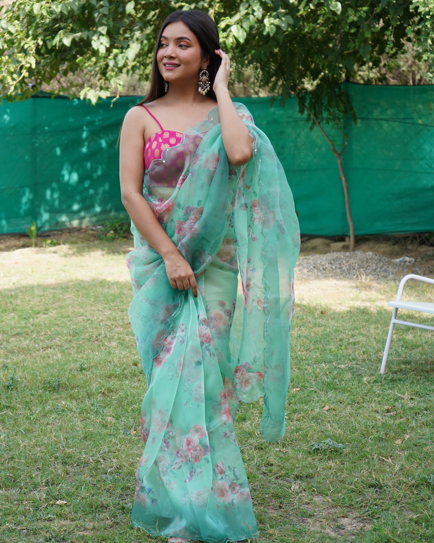 AQUA GREEN PURE ORGANZA SILK SAREE WITH ELEGANT FLORAL PRINT & SEQUINS WORK BORDER