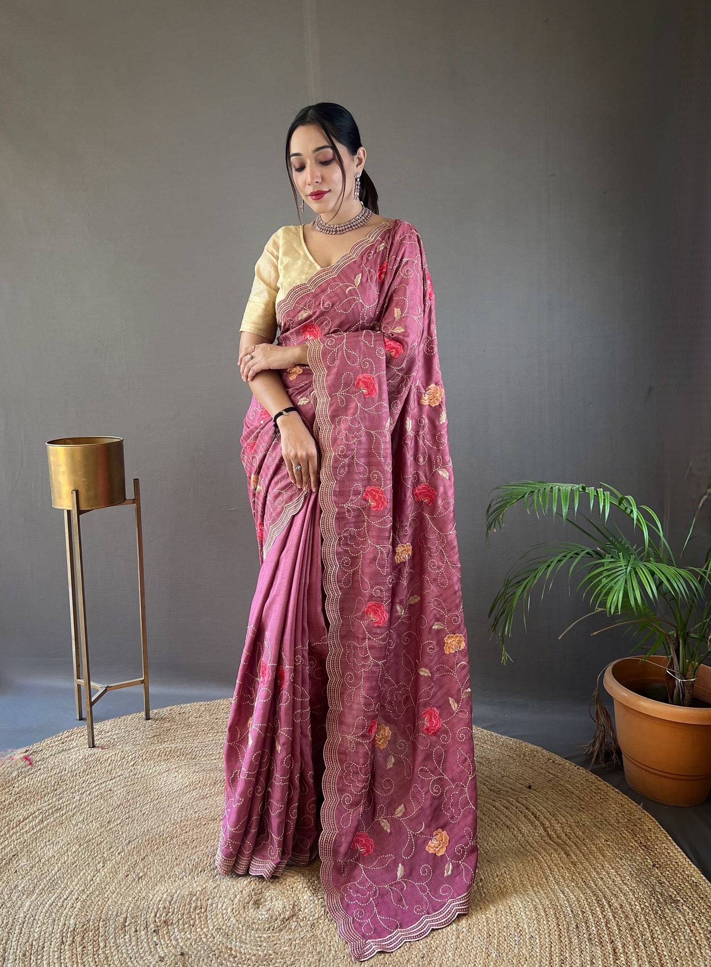 Lavender Pure tussar silk sarees with embroidery jaal