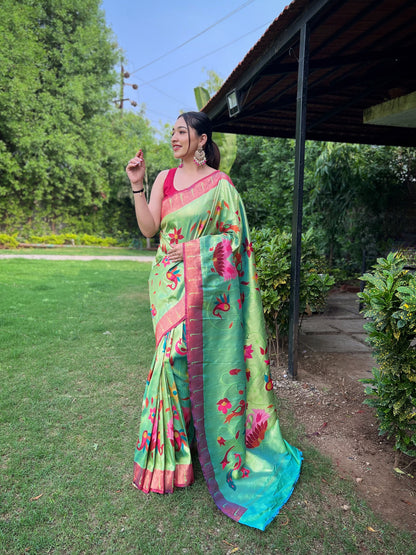 LIME GREEN PURE PAITHANI SAREE