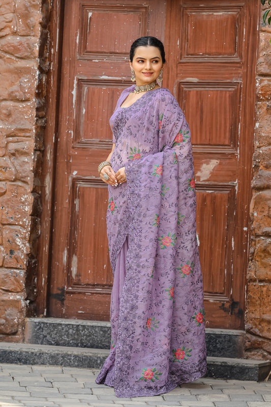 Lavender Pure shiny zari chiffon saree