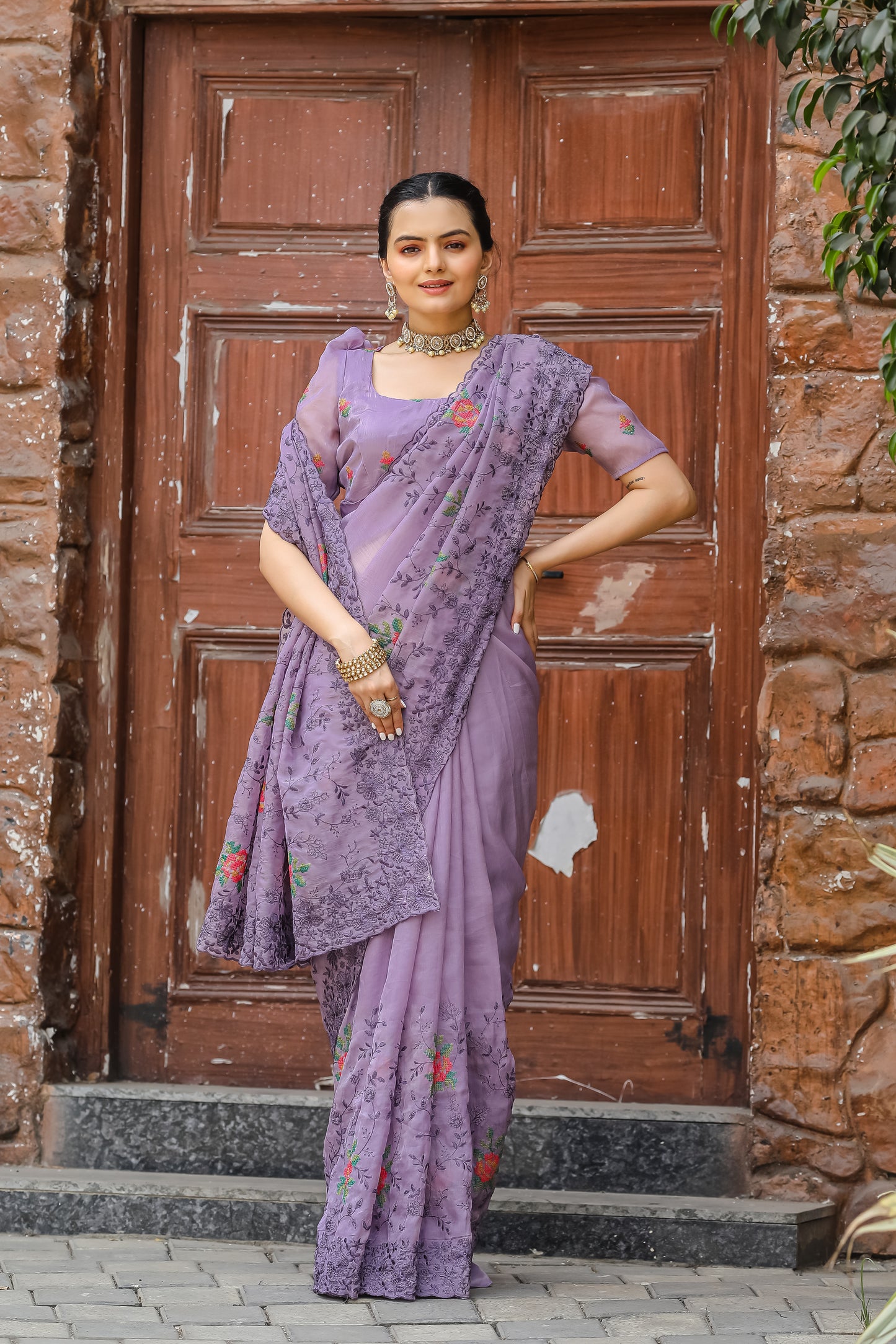 Lavender Pure shiny zari chiffon saree