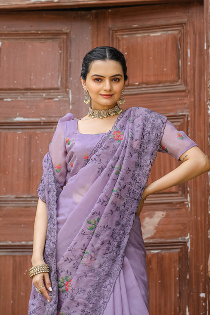 Lavender Pure shiny zari chiffon saree