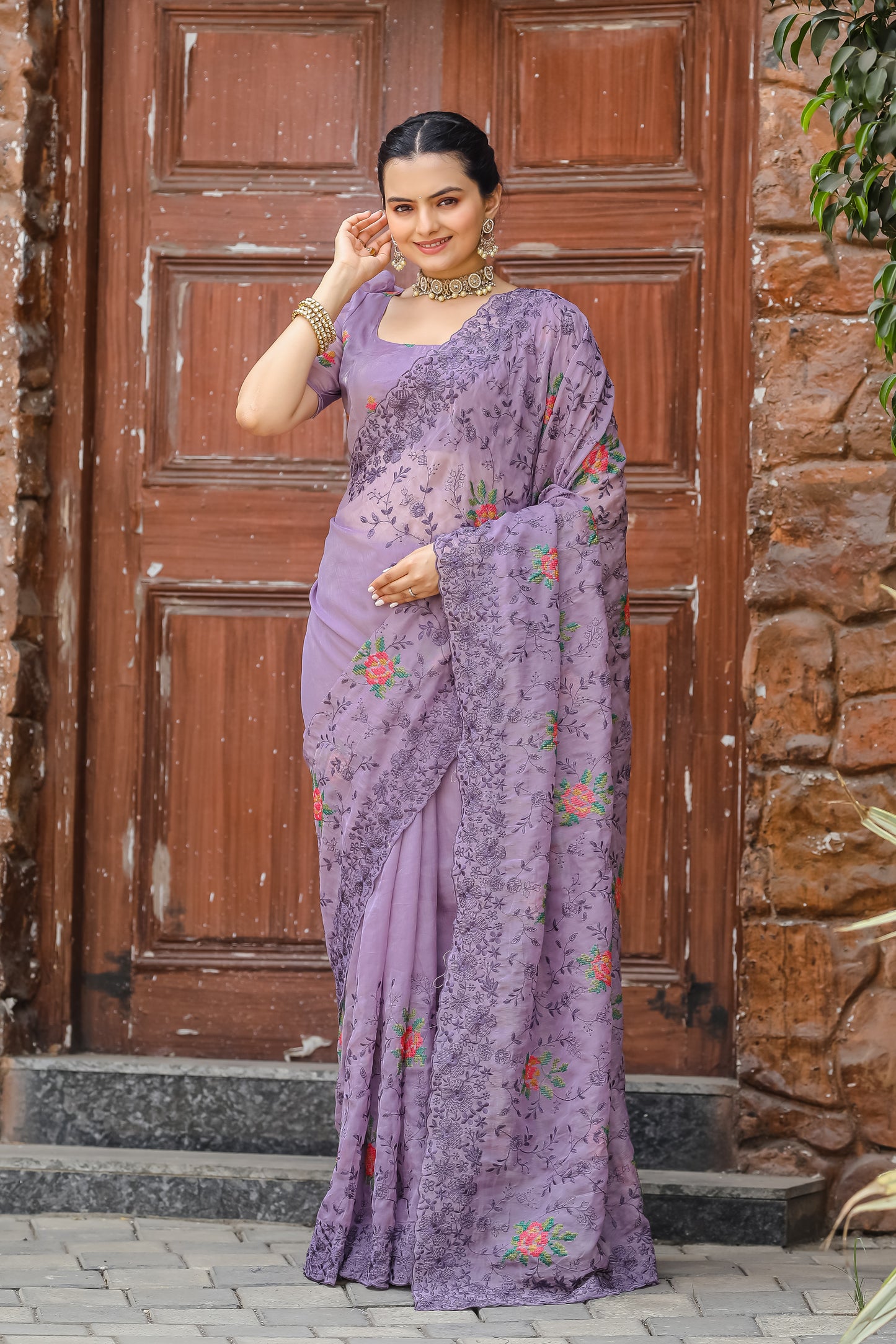 Lavender Pure shiny zari chiffon saree